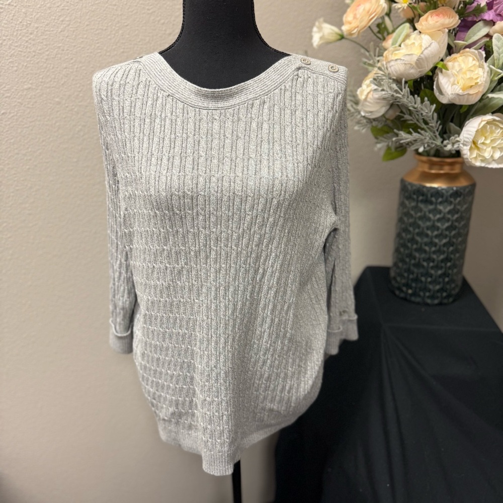 Allison Daley Light Gray Ribbed Knit Sweater with Shoulder Button Detail | Size